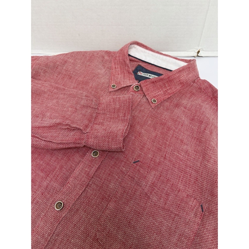 32 Bar Blues Button Down Shirt Size XL 70% Linen Textured Long Sleeve Pocket Red